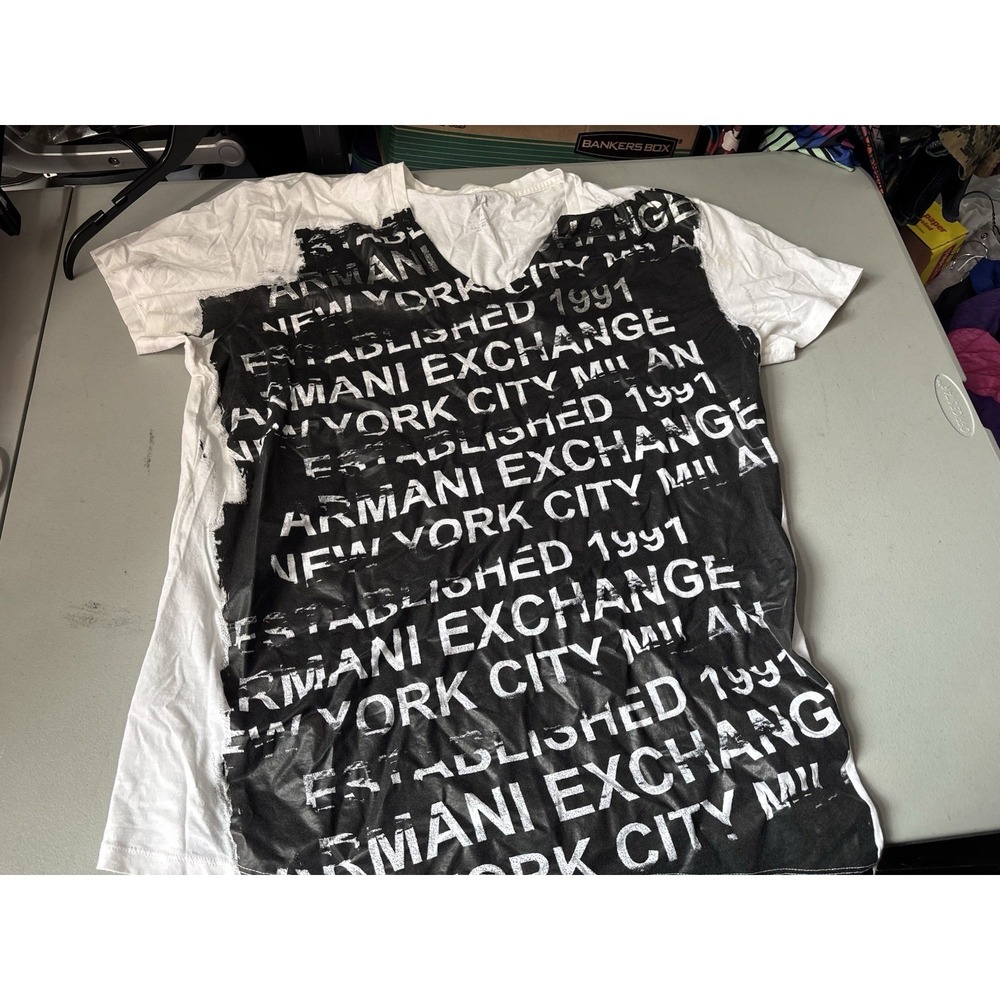 Armani Exchange Graphic All-Over Print V-Neck T-Shirt White Grey Men's Size XL